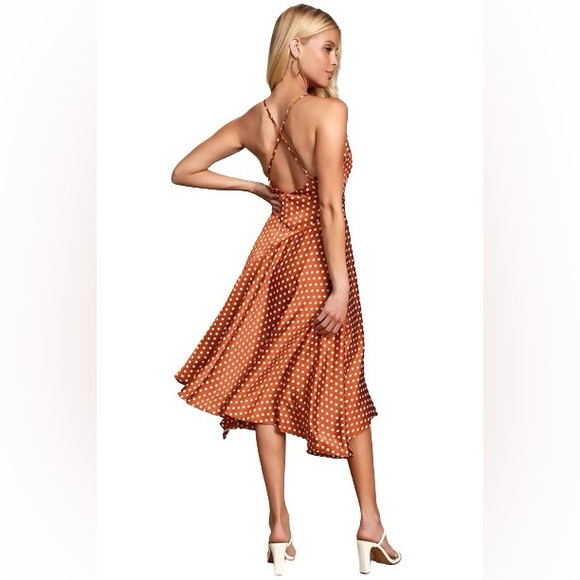 Lulu's Bellamy Rust Brown Polka Dot Backless Handkerchief Dress - Picture 3 of 13